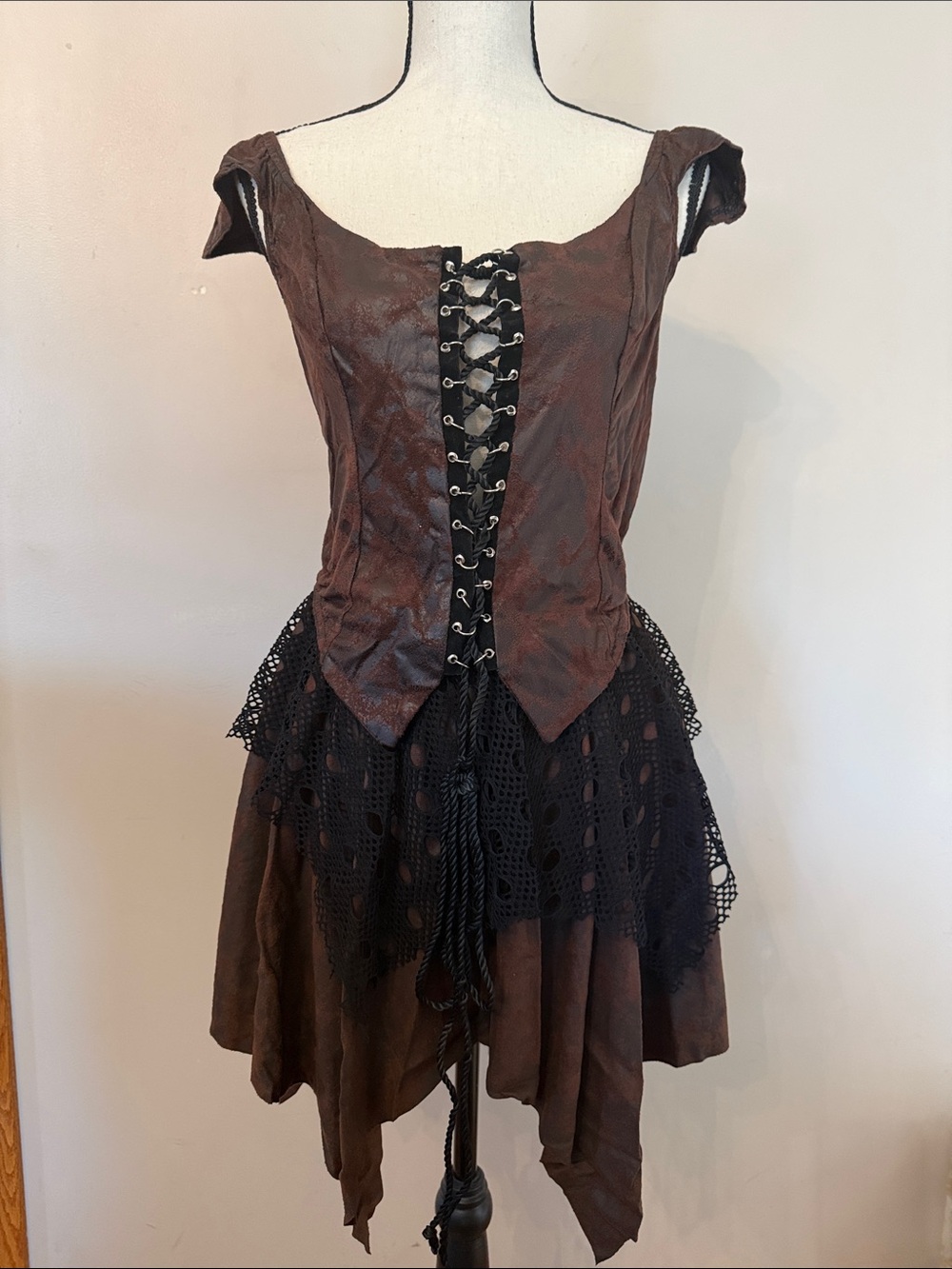 Brown Lace-Up Pirate Costume, Corset & Skirt with Crochet Overlay